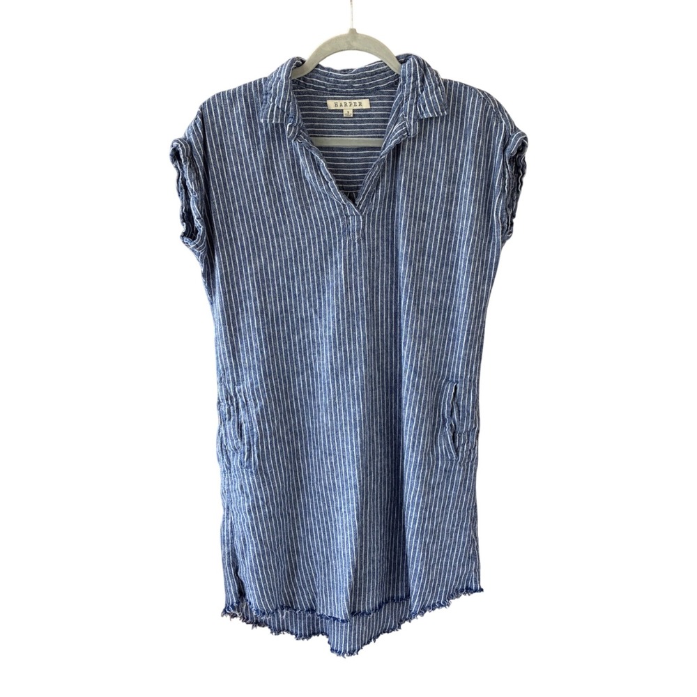 Harper Shirt Dress Women Small Blue White Striped Excellent Linen Blend Frayed